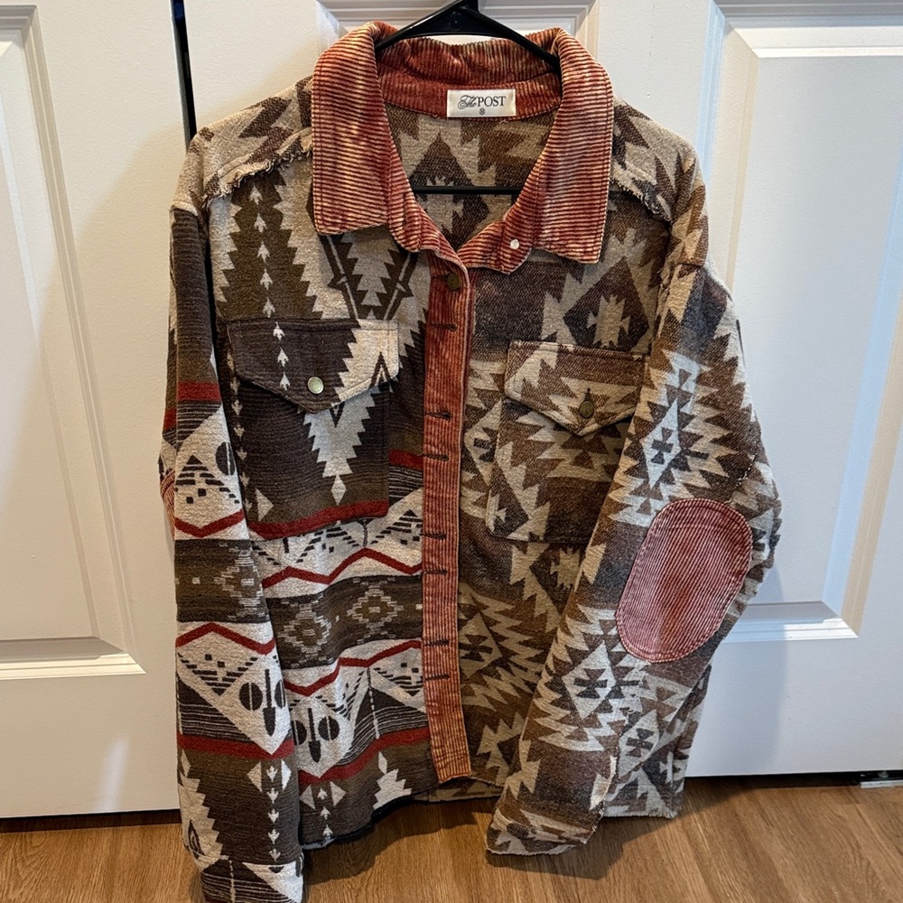 Tribal Patterned Jacket with Corduroy Accents